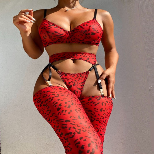 KATE- Red leopard sexy lingerie with stockings