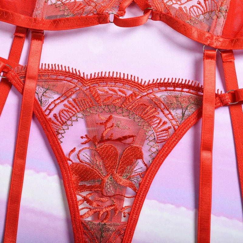 IRENE- Red Sexy Lace Embroidered lingerie set
