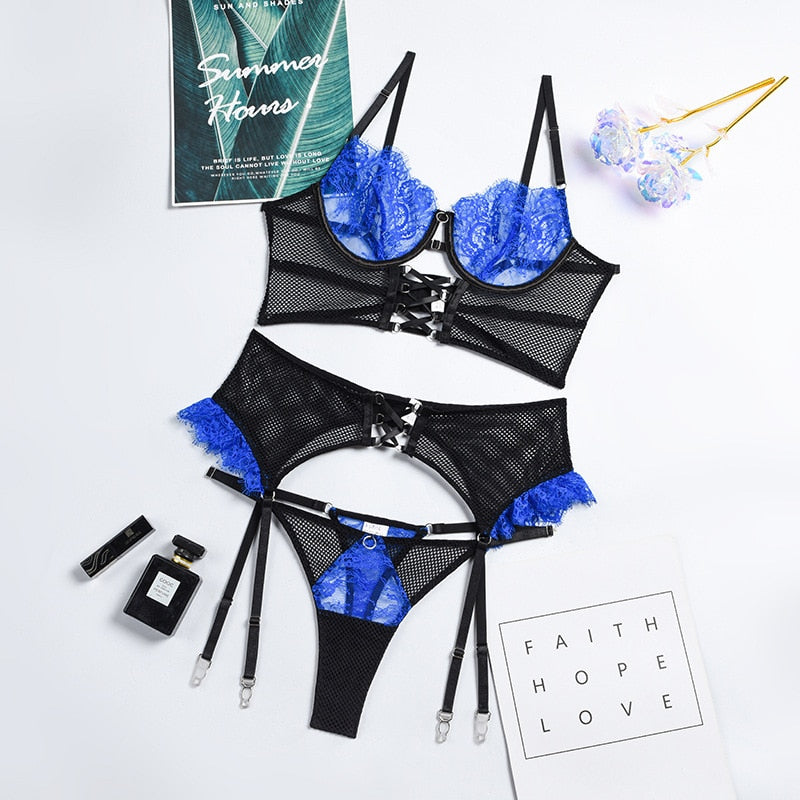 BRAELYNNE- Transparent patchwork lingerie set