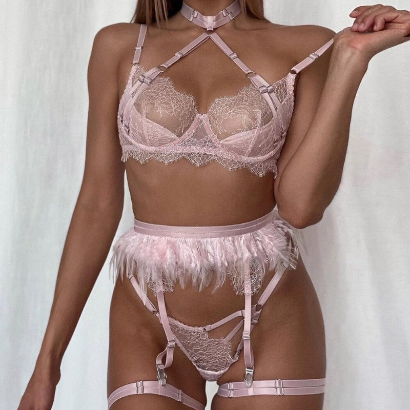 ELLIS-  Pink sexy lingerie set with feathers