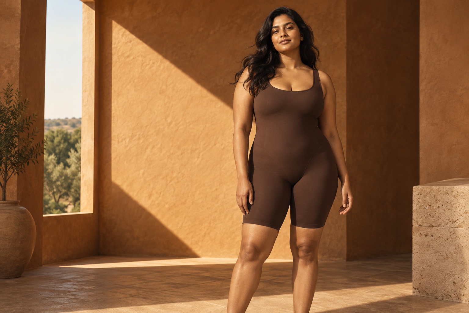 Kurvina campaign concept: a woman in a cocoa mid-thigh bodysuit in a sunlit ochre setting