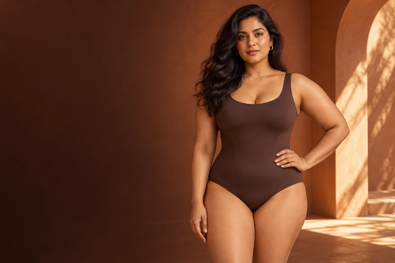 Kurvina campaign concept: a confident woman in chocolate brown bodywear